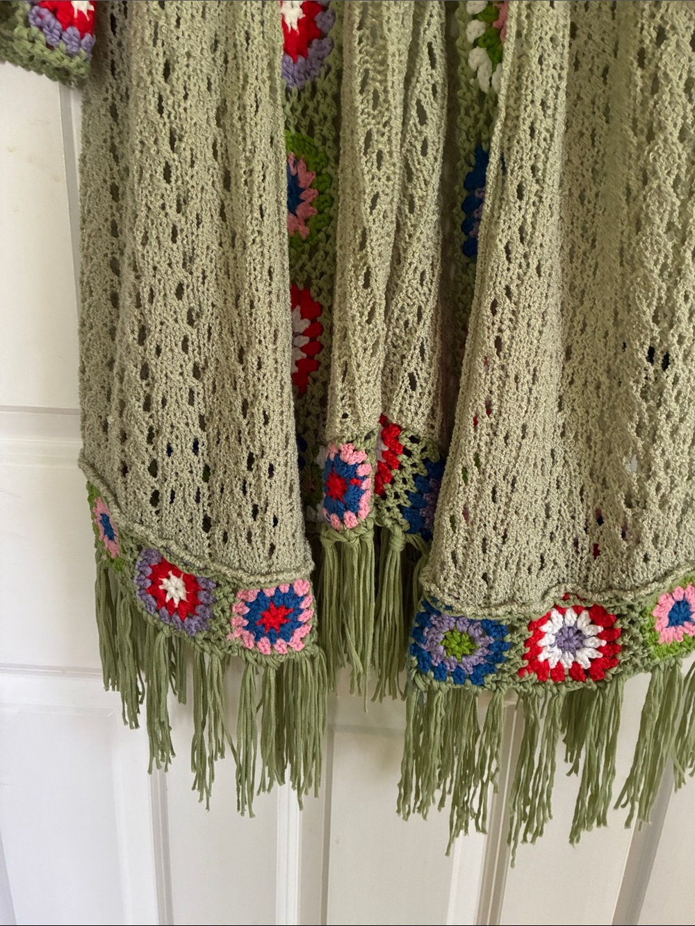 Boutique Boho Crochet-Trim Open Front Olive Green Sage Women's Sweater Cardigan - Picture 4 of 10
